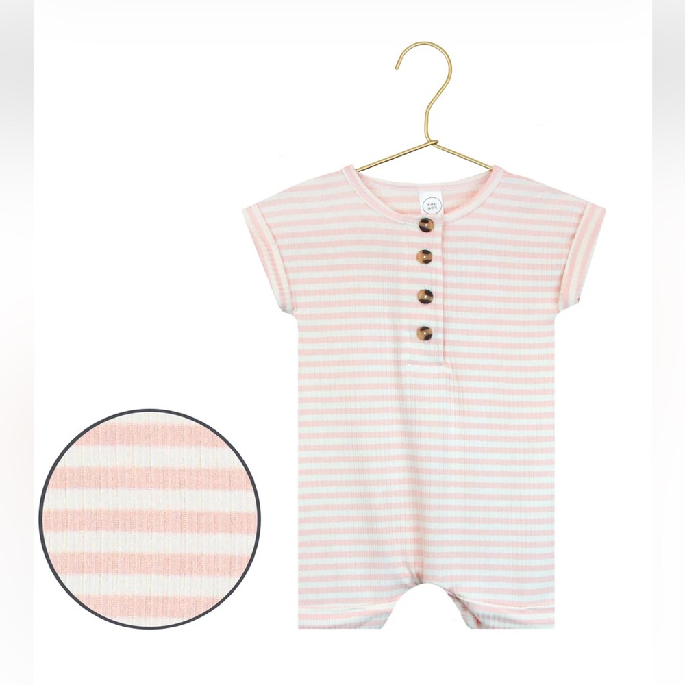 Lou Lou & Company Hannah Ribbed Romper. White and pastel pink striped.